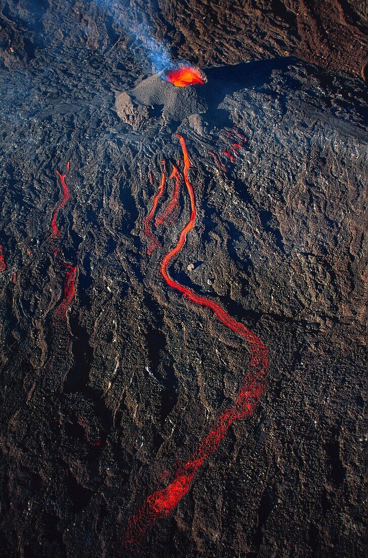 France, Reunion Island, Piton Volcano of la Fournaise erupting from the sky (aerial view)