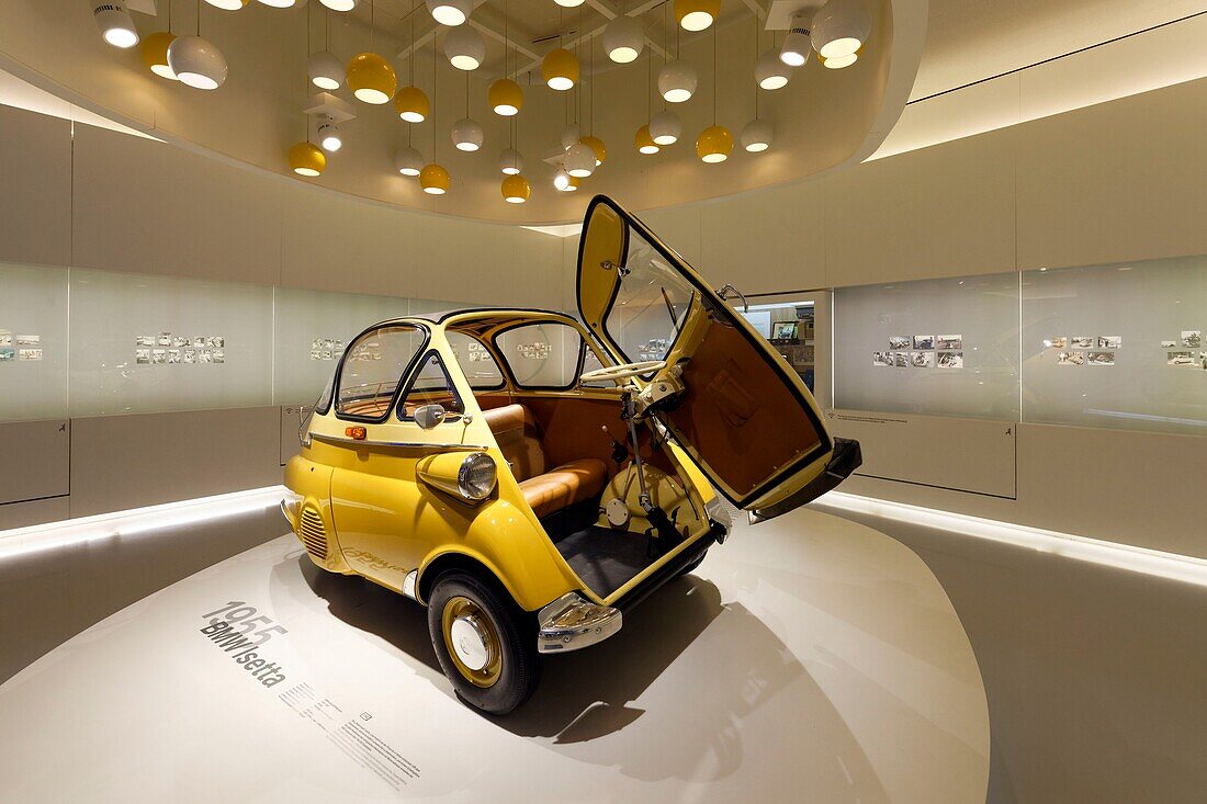 Germany, Bavaria, Munich, BMW Museum, opened in 1973 and renovated in 2008, showing the evolution and the technologies of the car brand native from Munich, 1955 BMW Isetta bubble car