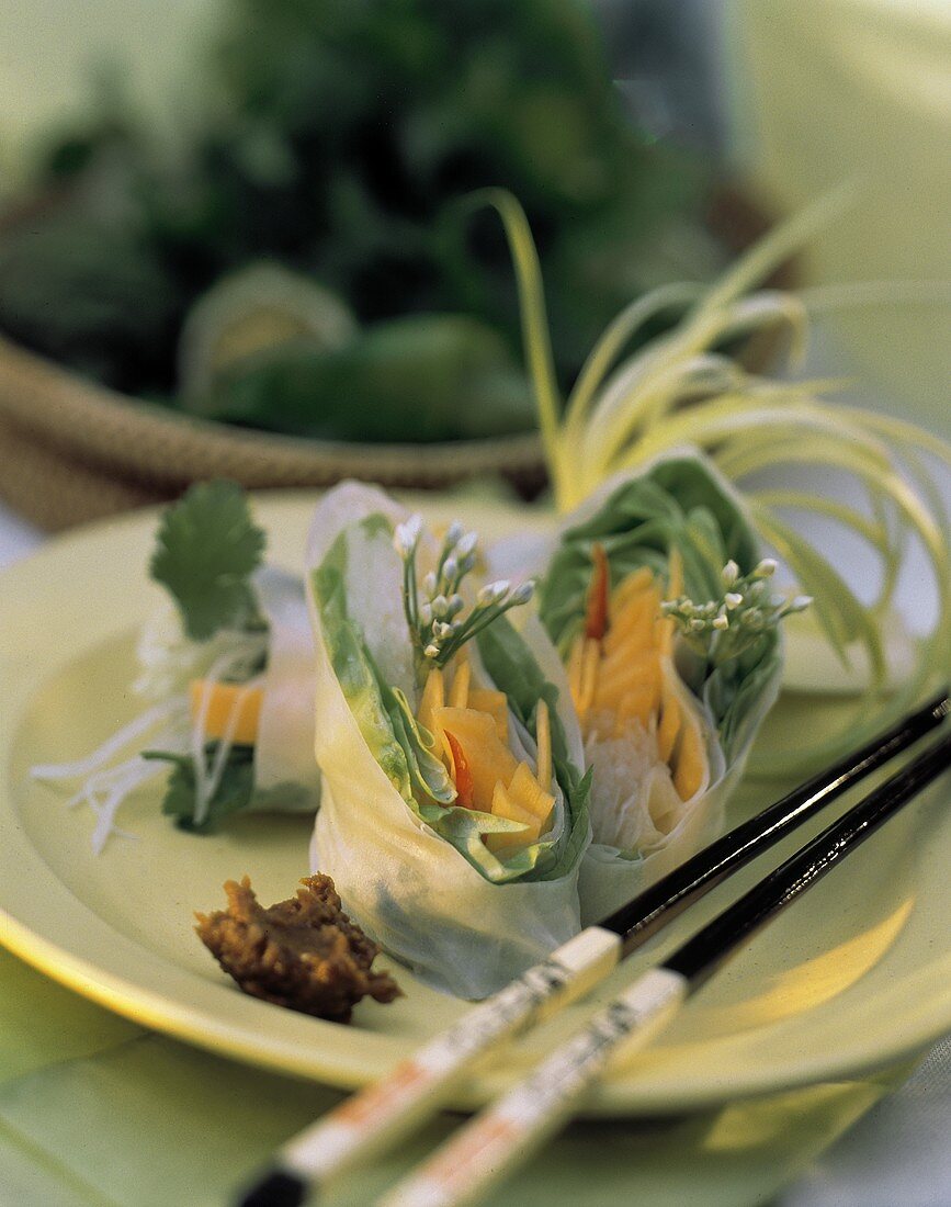 Asiatische Reispapier-Röllchen mit Gemüsefüllung