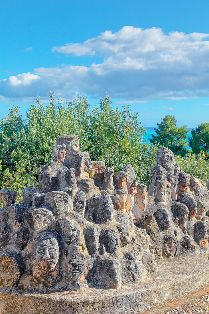 Heads carved into rocks at Enchanted Castle, Sciacca, Agrigento district, Sicily, Italy, Mediterranean, Europe