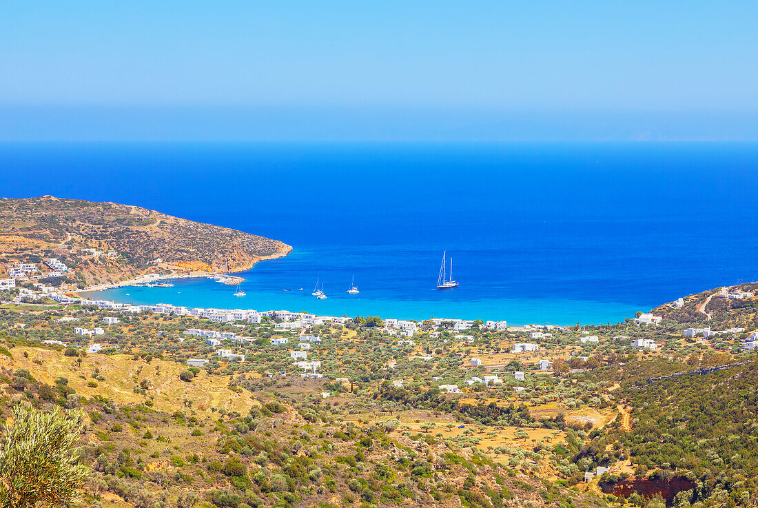 Platis Gialos beach, high angle view, Platis Gialos, Sifnos Island, Cyclades, Greek Islands, Greece, Europe