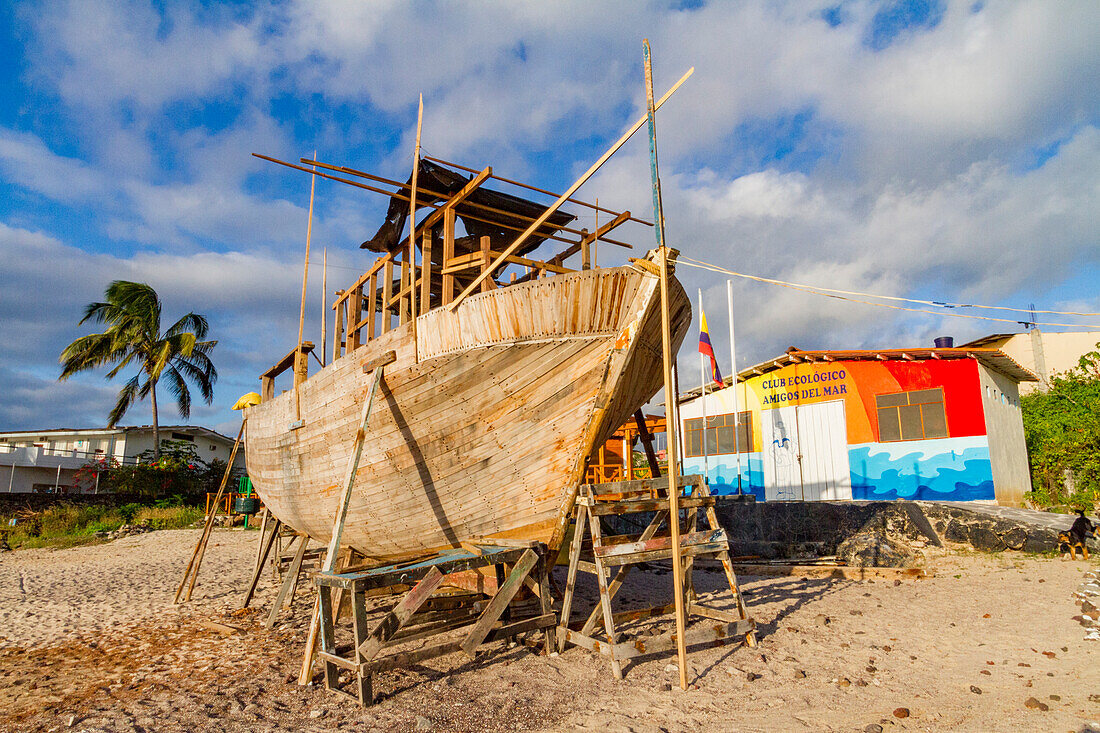 View of boat being built in a boatyard in the port town of Puerto Baquerizo Moreno, San Cristobal Island, Galapagos Islands, UNESCO World Heritage Site, Ecuador, South America