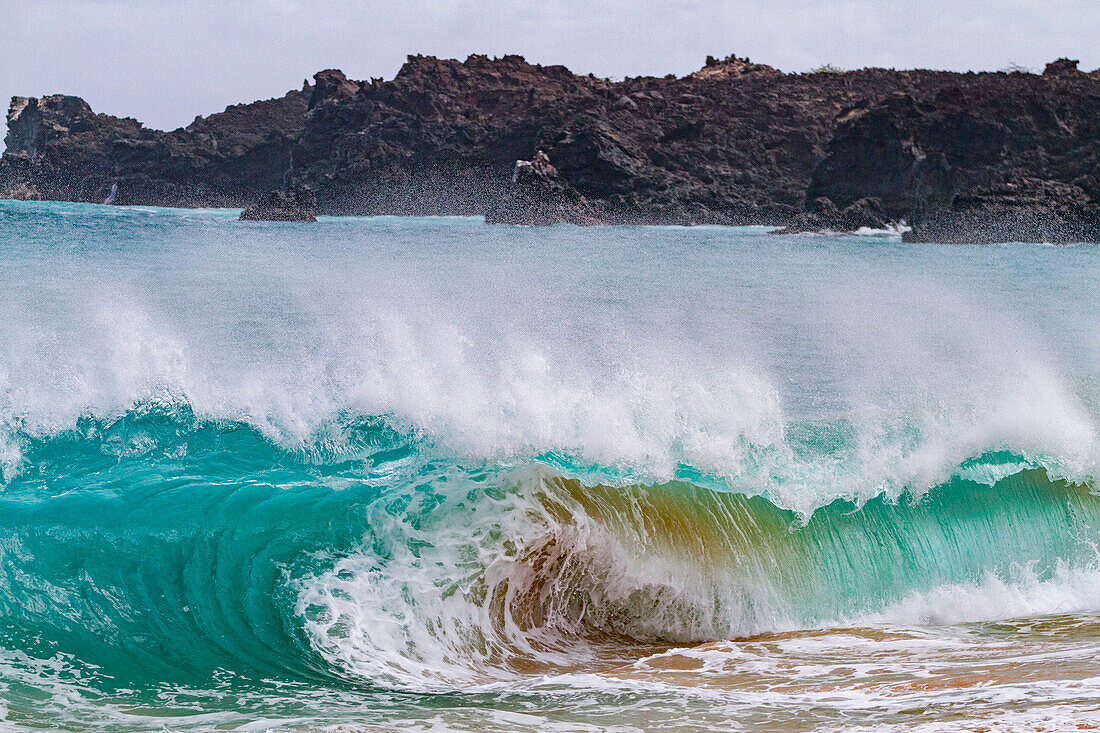 Huge waves breaking on the beach at Ascension Island in the Tropical Atlantic Ocean, South Atlantic Ocean