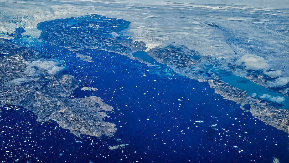 Aerial of the mountainous coastline around Kulusuk, Greenland, Polar Regions