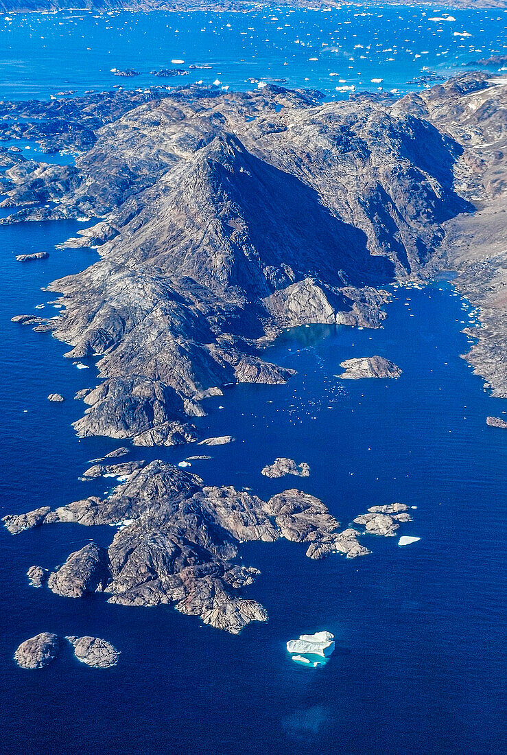 Aerial of the mountainous coastline around Kulusuk, Greenland, Polar Regions