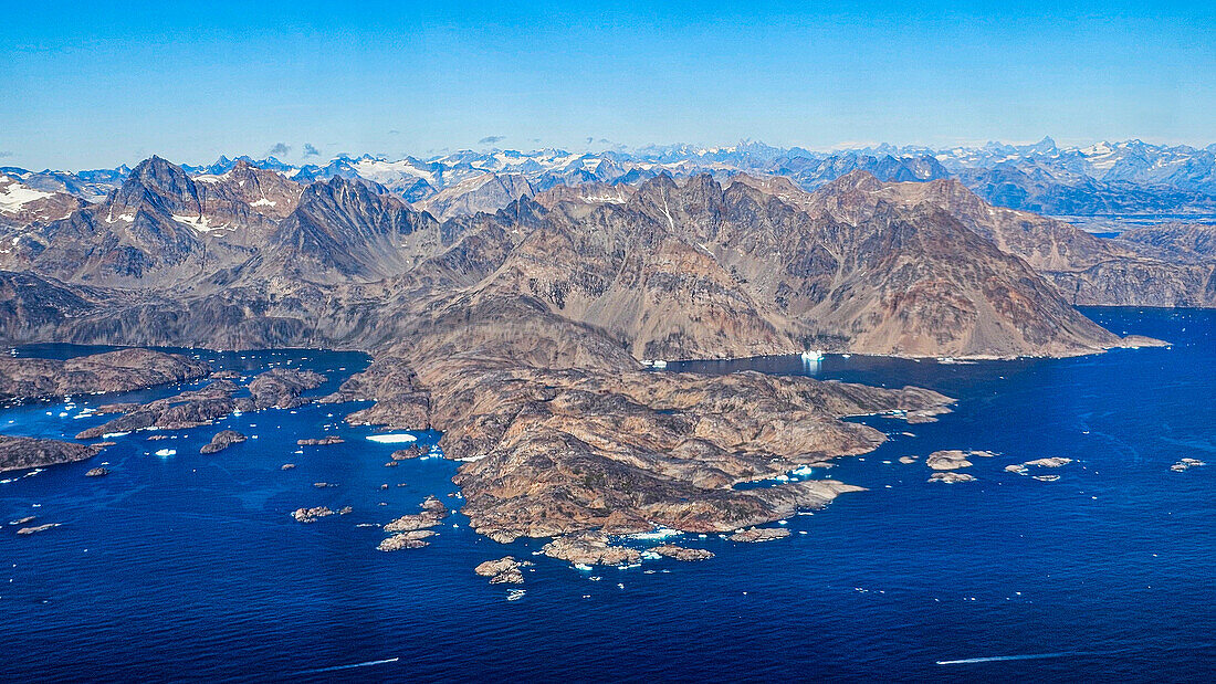 Aerial of the mountainous coastline around Kulusuk, Greenland, Polar Regions