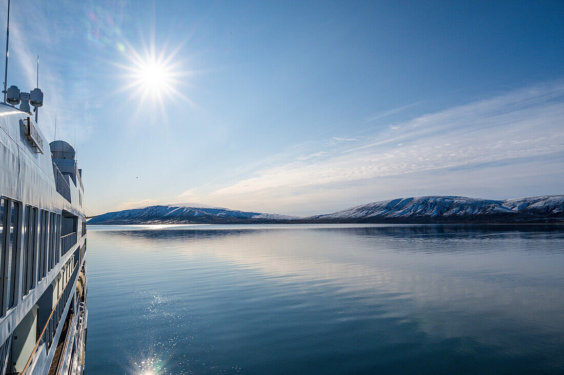 Icebreaker in the waters of Axel Heiberg island, Nunavut, Canadian Arctic, Canada, North America