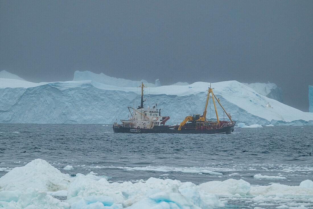 Fischtrawler zwischen den Eisbergen des Ilulissat-Eisfjords,UNESCO-Welterbe,Westgrönland,Dänemark,Polarregionen