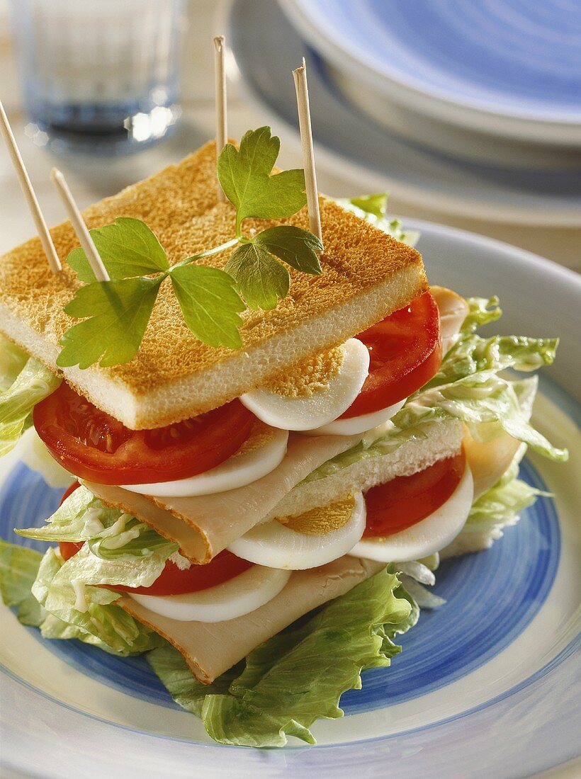 Gegrilltes Big-Sandwich mit Putenschinken, Tomate & Ei