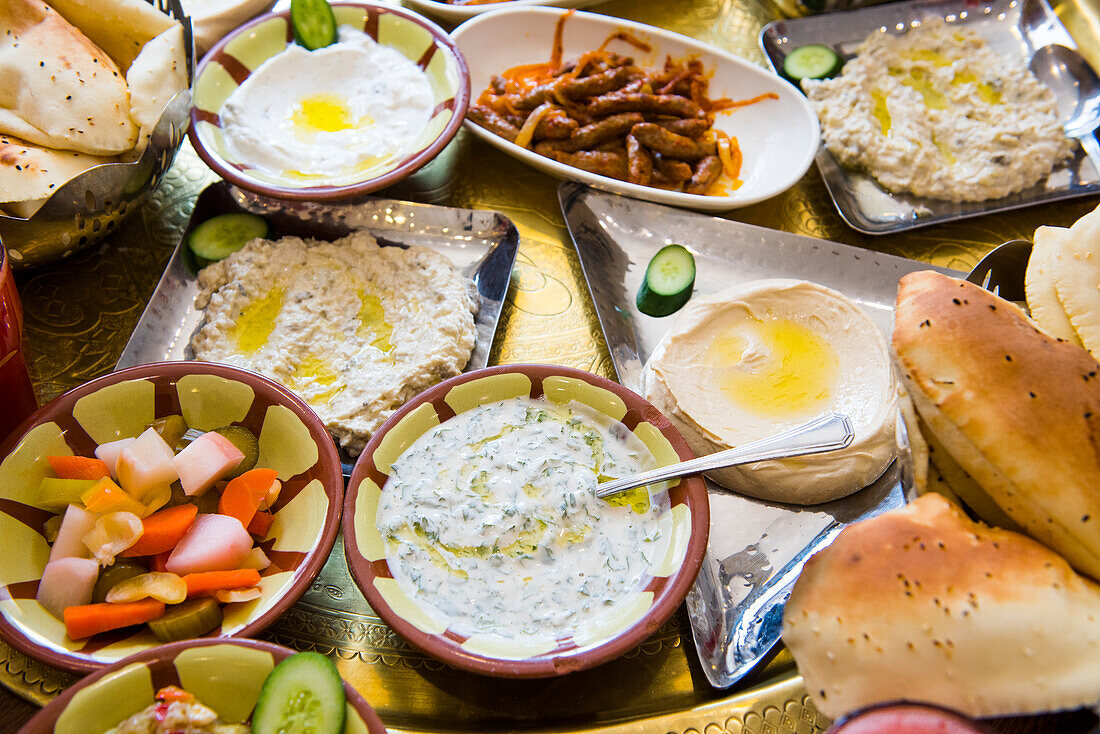 Meze served at Tawaheen El Hawa restaurant, Amman, Jordan, Middle East