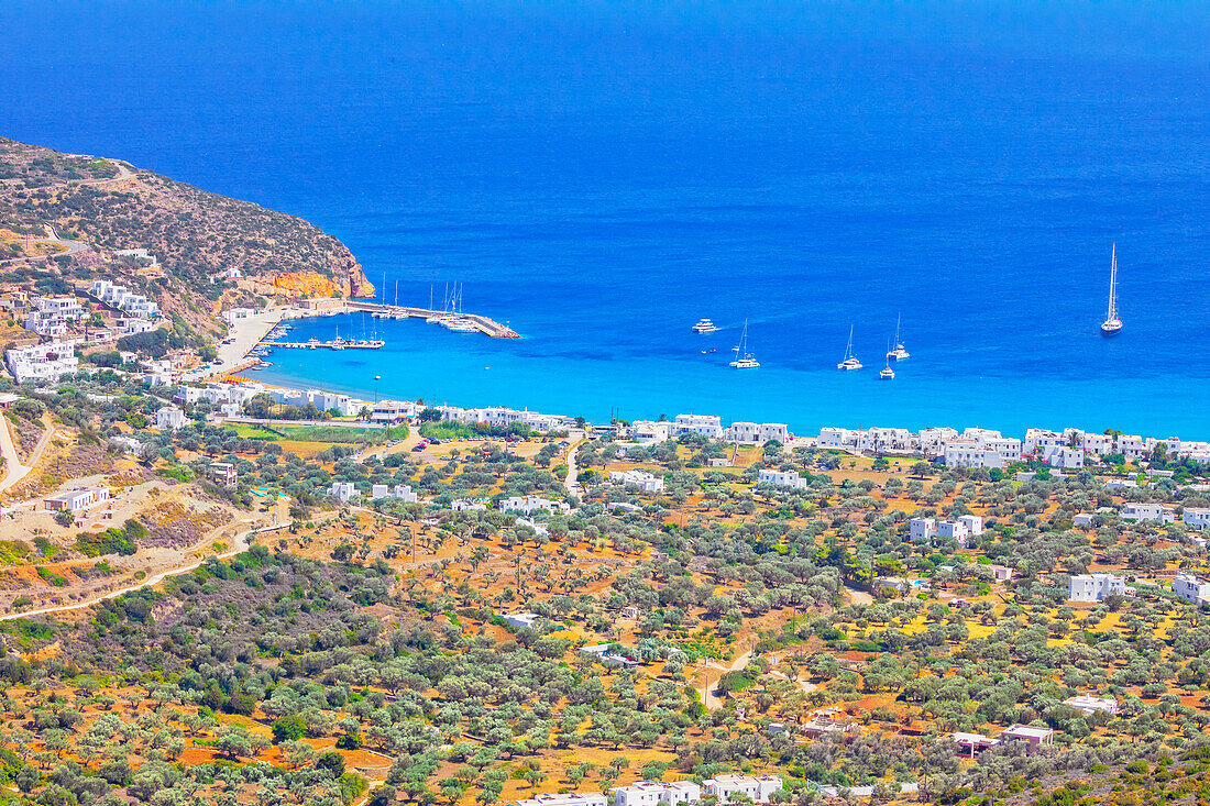 Platis Gialos beach, high angle view, Platis Gialos, Sifnos Island, Cyclades, Greek Islands, Greece, Europe