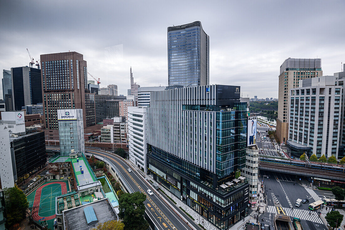 Aerial view of big Intersection in Ginza, looking over the streets and skyscraper facades, Tokyo, Honshu, Japan, Asia