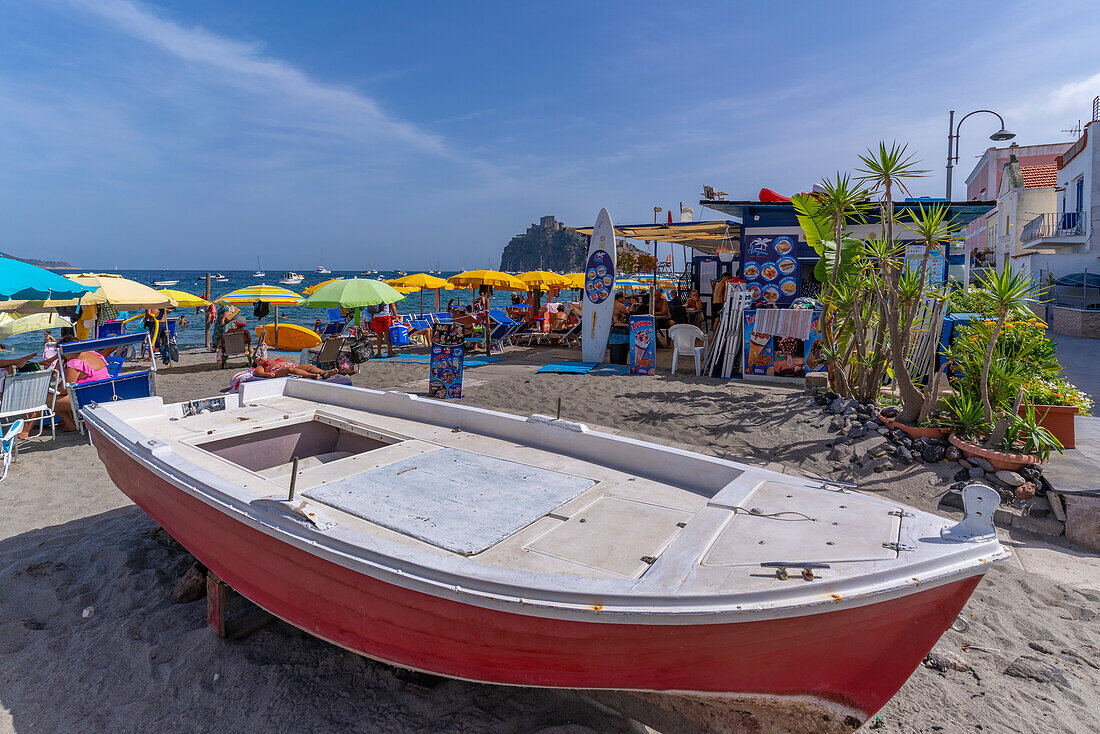 View of Miramare e Castello beach and Aragonese Castle in background, Port of Ischia, Island of Ischia, Campania, Italy, Europe