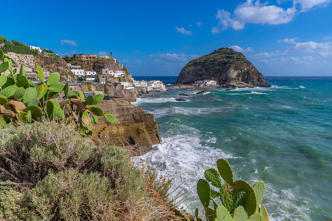 View of Torre di Sant'Angelo from elevated position in Sant'Angelo, Sant'Angelo, Island of Ischia, Campania, Italy, Europe