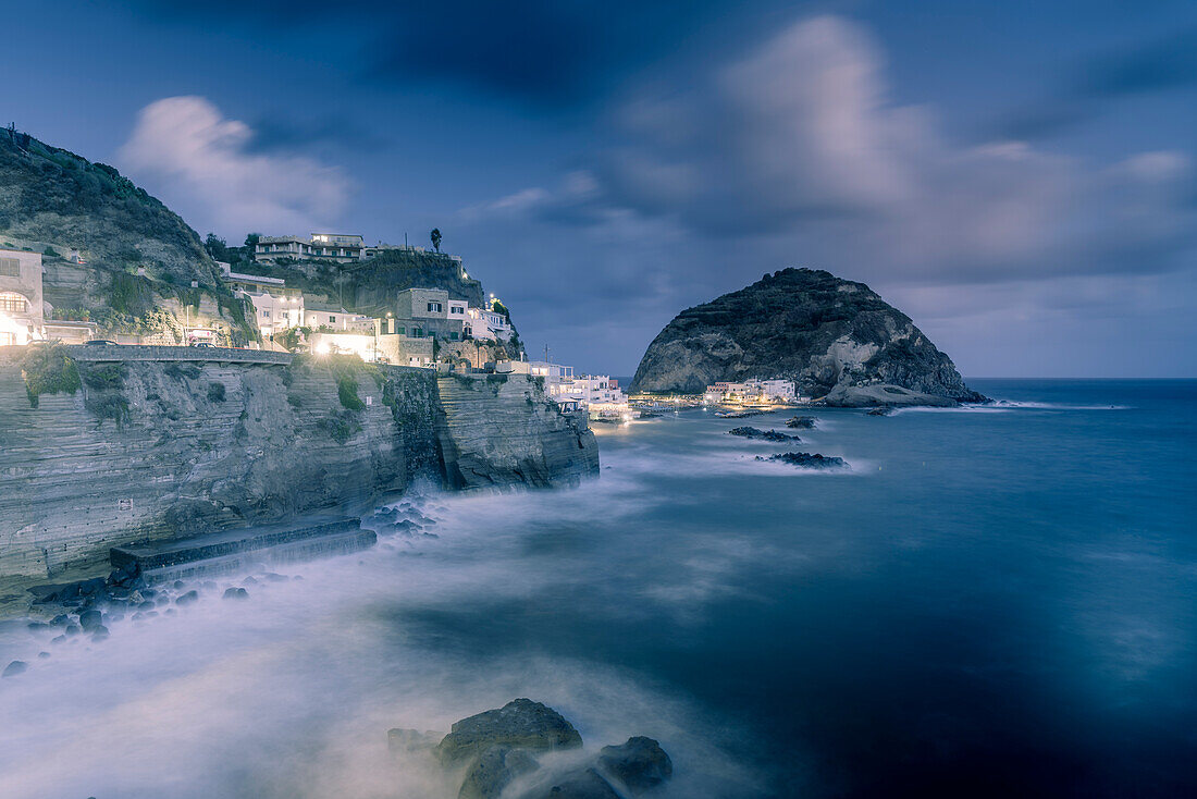 View of Torre di Sant'Angelo at dusk, Sant'Angelo, Island of Ischia, Campania, Italy, Europe