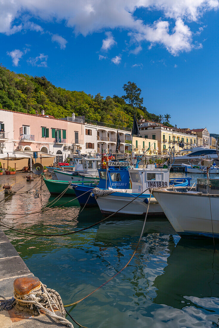 Blick auf Boote und Restaurants in Porto d'Ischia (Hafen von Ischia),Insel Ischia,Kampanien,Italien,Europa