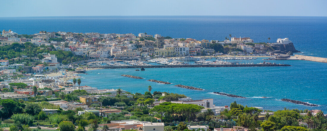 View of Forio from Giardini la Mortella Botanical Gardens, Forio, Island of Ischia, Campania, Italy, Europe