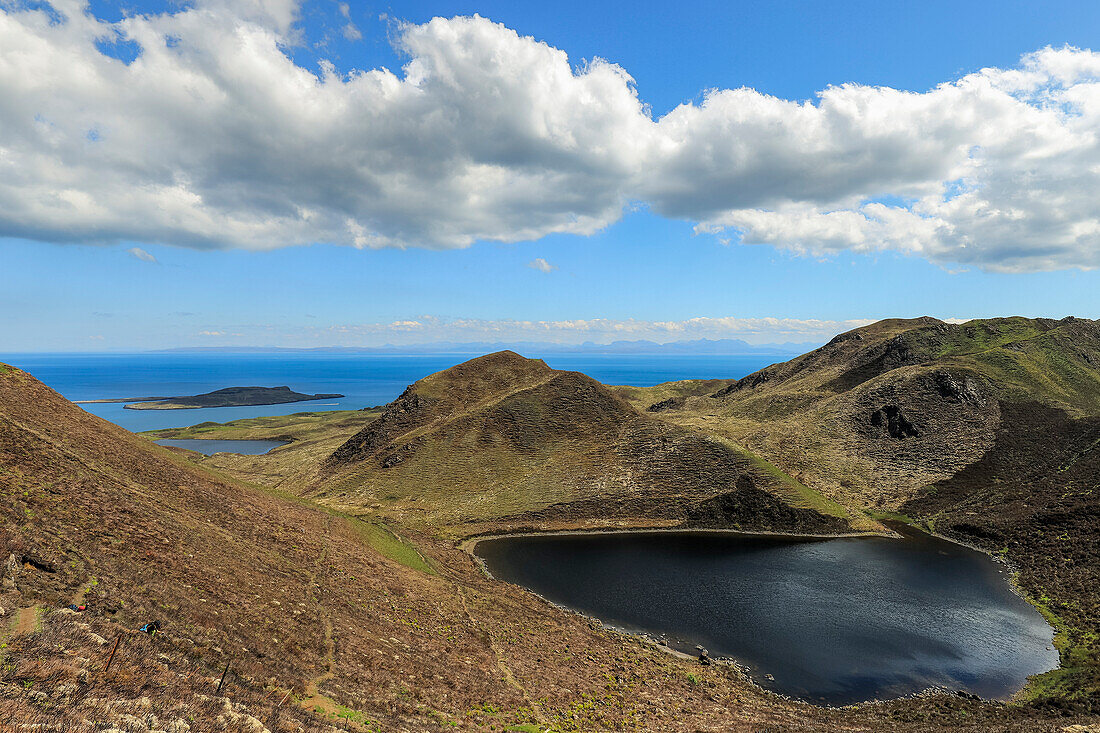 View north east from the Quiraing Walk to Loch Hasco and the islands on Staffin Bay in this famous scenic north of the island, Quiraing, Staffin, Skye, Inner Hebrides, Scotland, United Kingdom, Europe