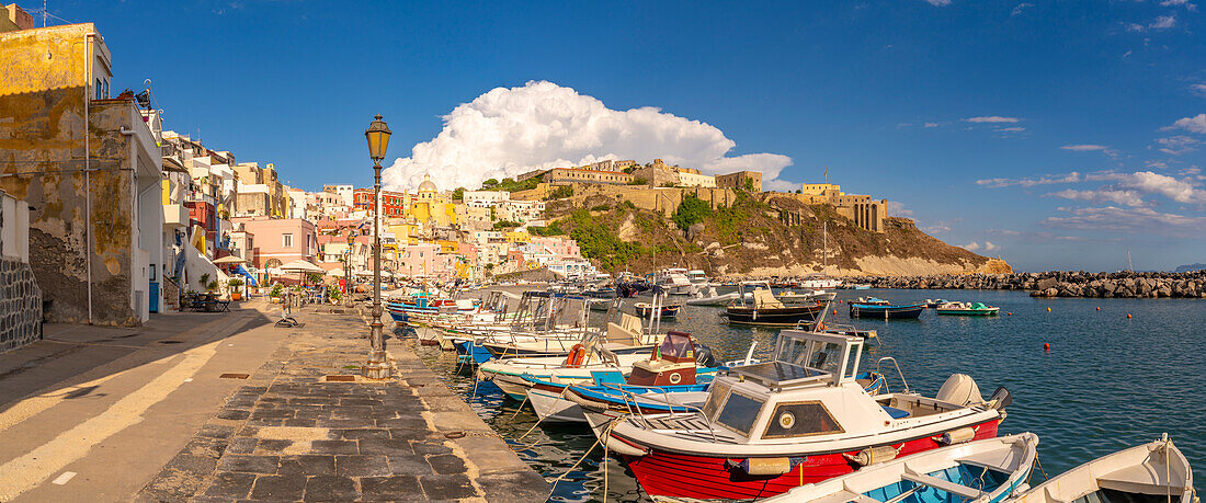 Blick auf Fischerboote in Marina di Corricella,Procida,Phlegräische Inseln,Golf von Neapel,Kampanien,Süditalien,Italien,Europa