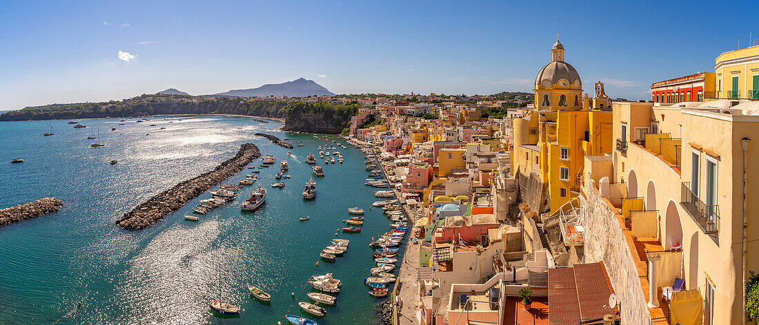 View of Marina di Corricella and Church of Santa Maria delle Grazie, Procida, Phlegraean Islands, Gulf of Naples, Campania, Southern Italy, Italy, Europe