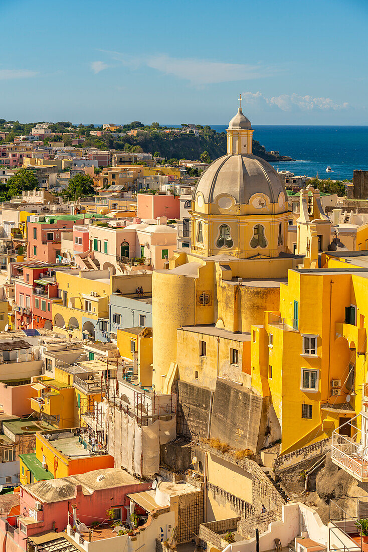 View of over town from elevated position, Procida, Phlegraean Islands, Gulf of Naples, Campania, Southern Italy, Italy, Europe