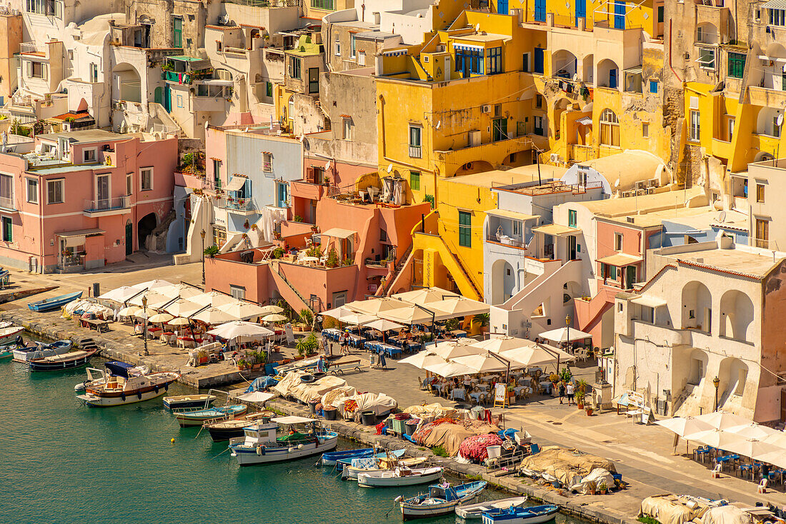 View of Marina di Corricella from elevated position, Procida, Phlegraean Islands, Gulf of Naples, Campania, Southern Italy, Italy, Europe