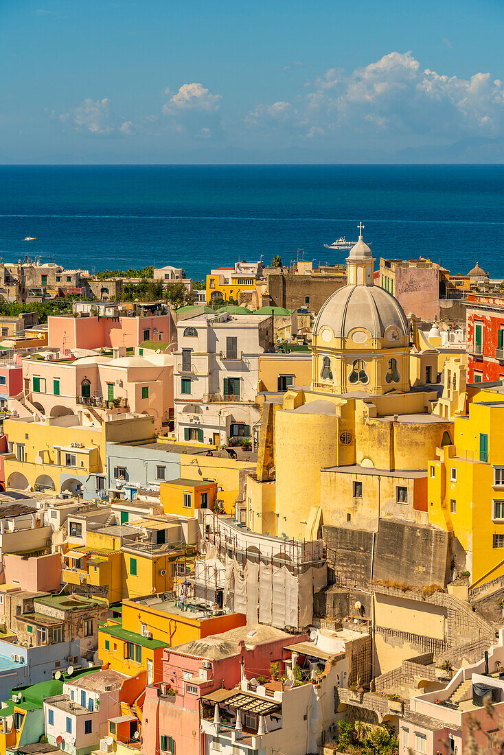 View of Marina di Corricella and Church of Santa Maria delle Grazie, from elevated position, Procida, Phlegraean Islands, Gulf of Naples, Campania, Southern Italy, Italy, Europe