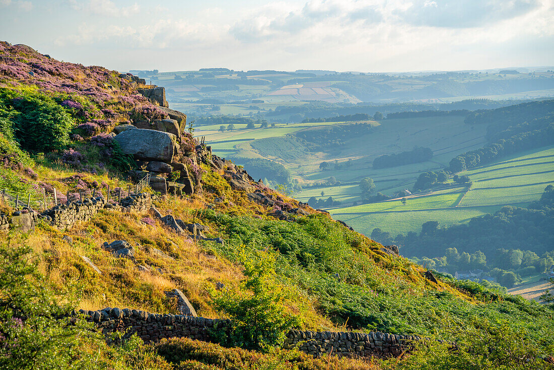 View of landscape from Curbar Edge, Peak District National Park, Baslow, Derbyshire, England, United Kingdom, Europe