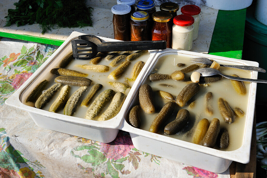 Gherkins at the market in Kalamaja district, Tallinn, Estonia, Europe