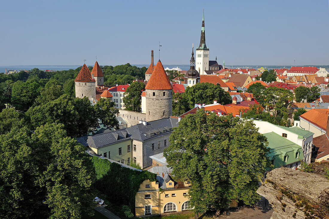 Towers and ramparts of the Old Town, UNESCO World Heritage Site, seen from Patkuli view platform on Toompea Hill, Tallinn, Estonia, Europe