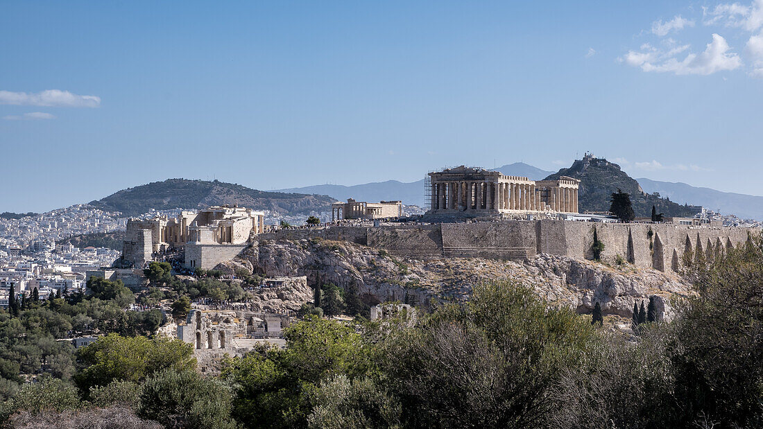 Blick auf die Akropolis von Athen,UNESCO-Weltkulturerbe,vom Mouseion-Hügel im Südwesten,Athen,Griechenland,Europa