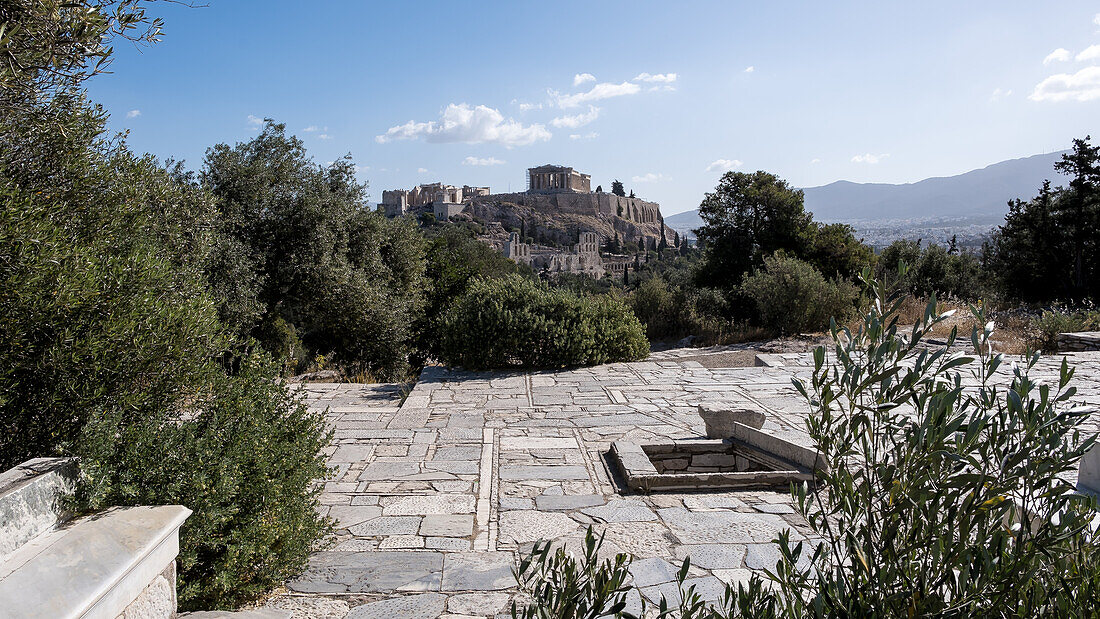 View of the Acropolis of Athens, UNESCO World Heritage Site, from Mouseion Hill, located to the southwest, Athens, Greece, Europe