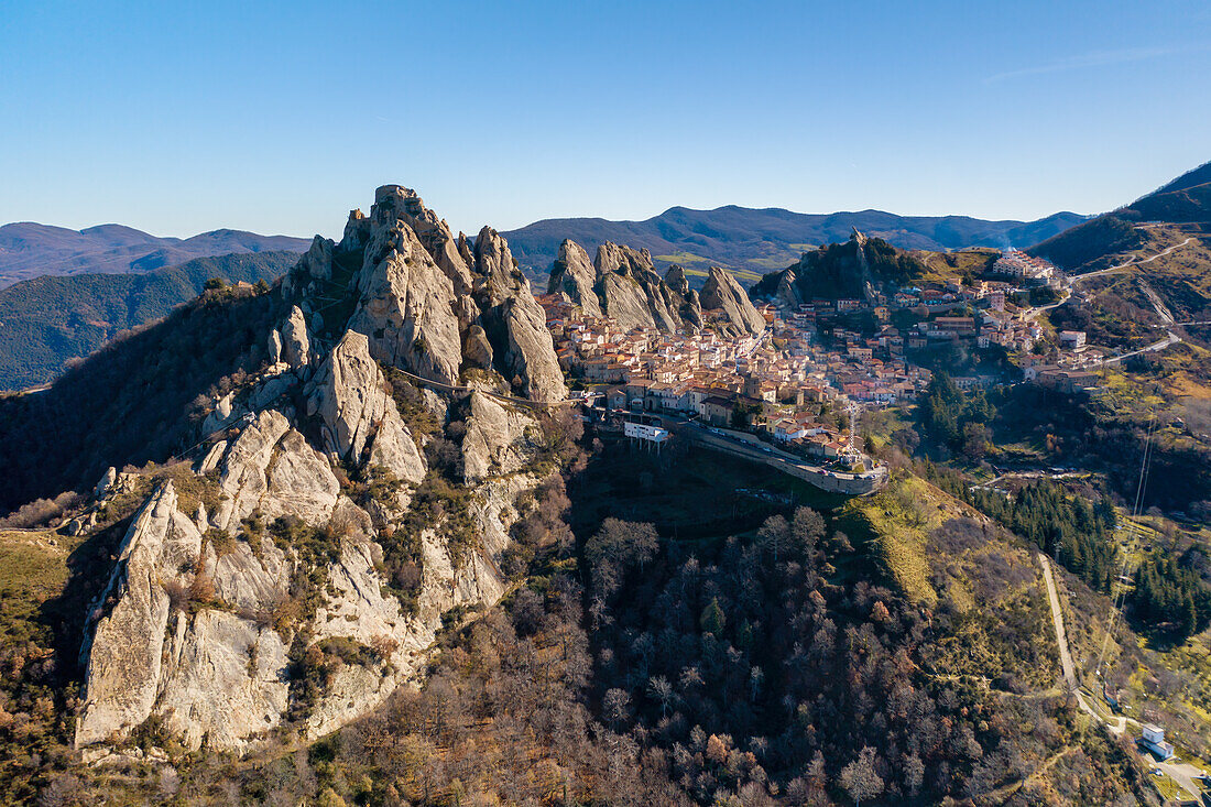 Pietrapertosa historic village in the mountains, drone aerial view at sunrise, Pietraperosa, Basilicata, Italy, Europe