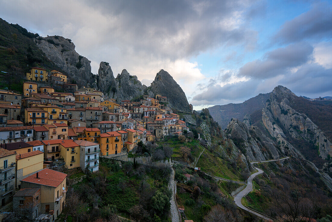 Castelmezzano historic village on the mountains at sunset, Castelmezzano, Basilicata, Italy, Europe