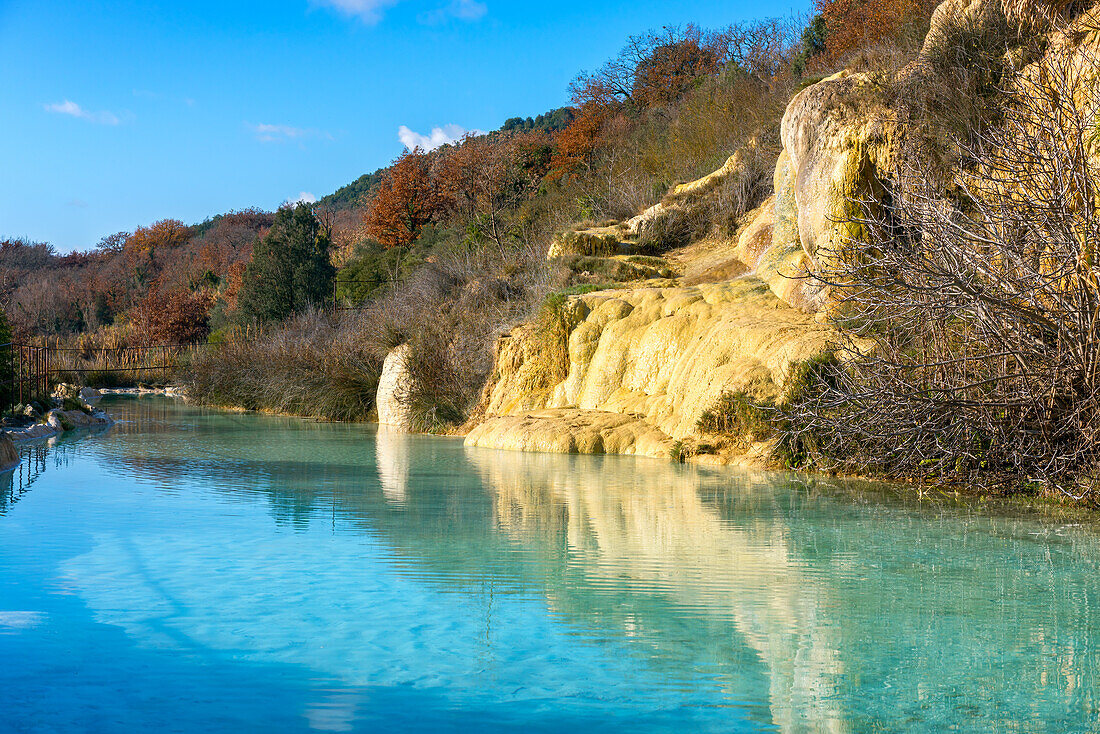 Antique Roman thermal baths hot springs in Bagno Vignoni, Tuscany, Italy, Europe