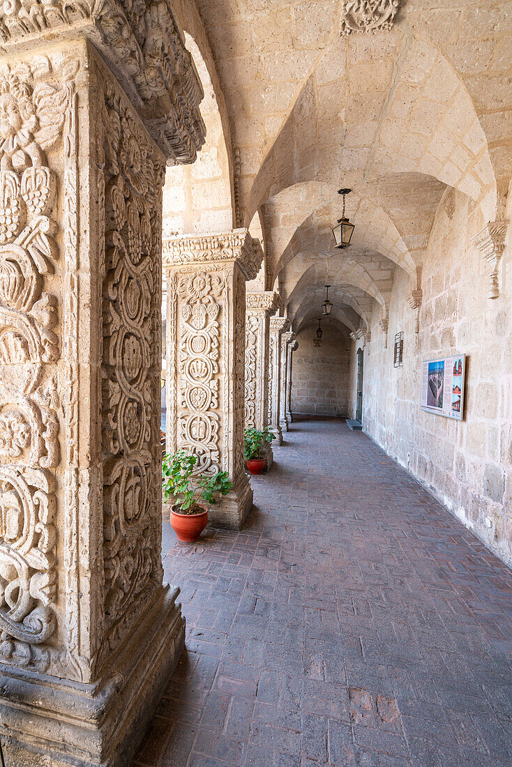 Decorated pillars at Cloisters of The Company, Arequipa, Peru, South America