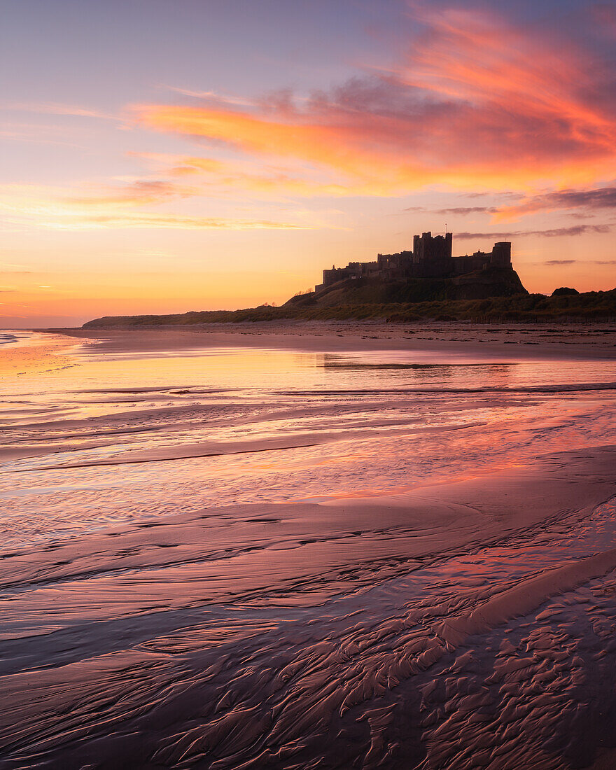 Bamburgh Castle at sunrise, Bamburgh, Northumberland, England, United Kingdom, Europe