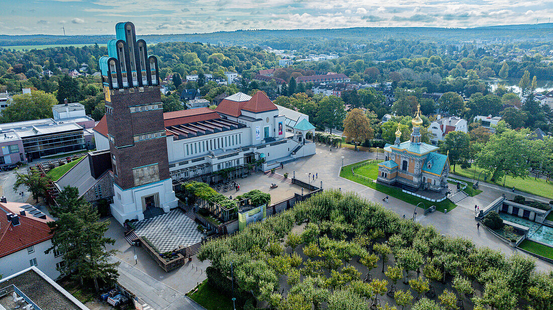 Aerial of Matthildenhoehe, UNESCO World Heritage Site, Darmstadt, Hesse, Germany, Europe