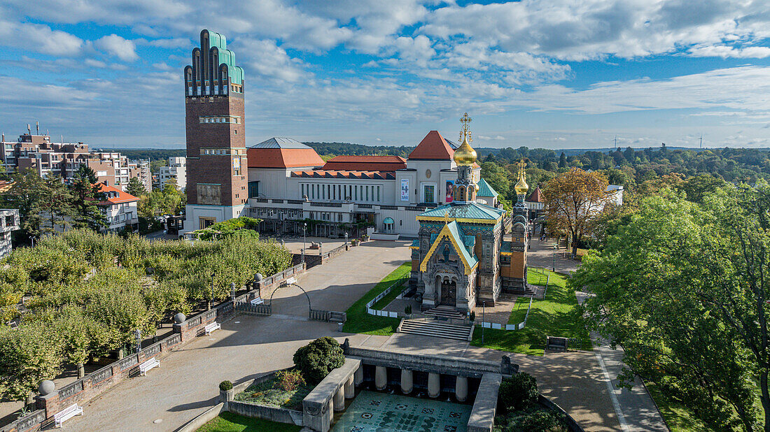 Luftaufnahme der Matthildenhöhe,UNESCO-Welterbe,Darmstadt,Hessen,Deutschland,Europa