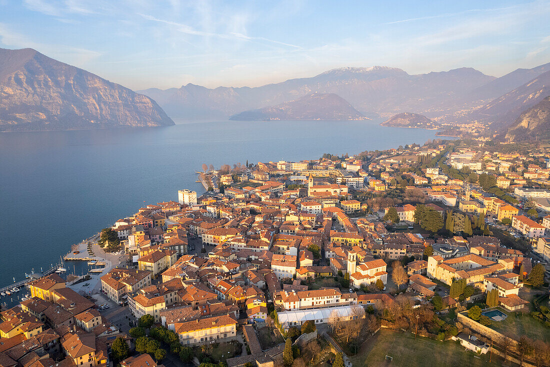 Aerial view, Iseo village, Iseo lake, at sunset, Brescia province, Lombardy district, Italy, Europe