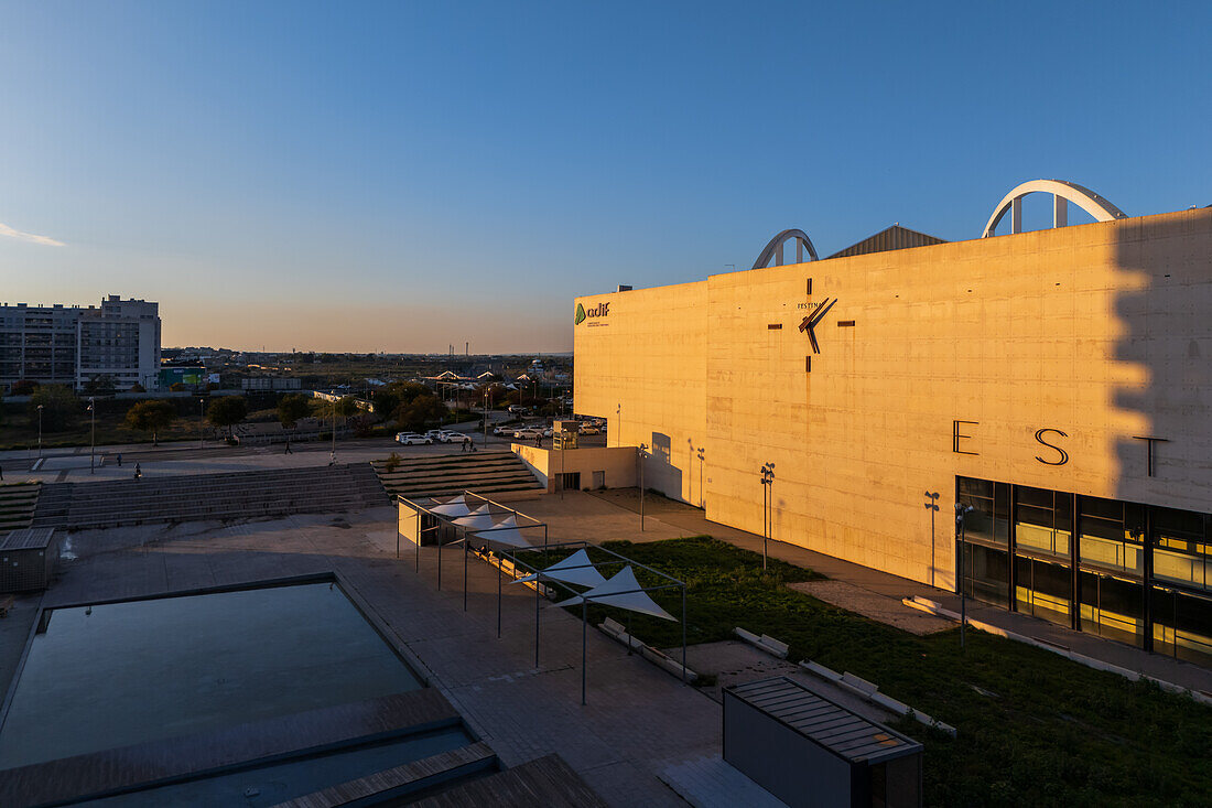 Aerial view of Zaragoza–Delicias railway and central bus station at sunset