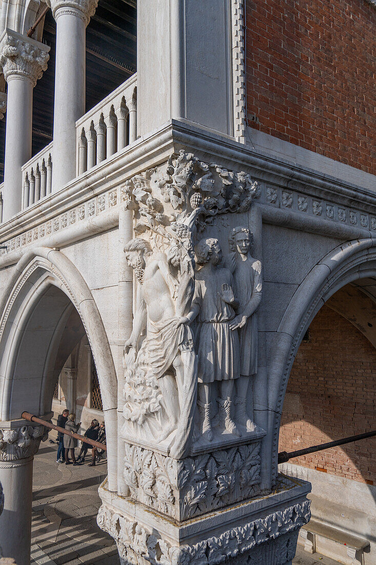 Bas relief sculptures on the corner of the facade of the Doge's Palace or Palazzo Ducale in Venice, Italy.