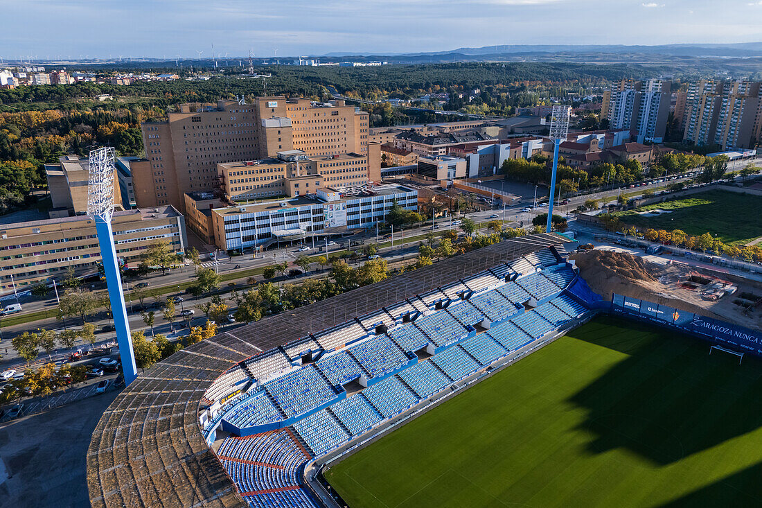 Aerial view of the La Romareda stadium, currently under renovation, Zaragoza, Spain