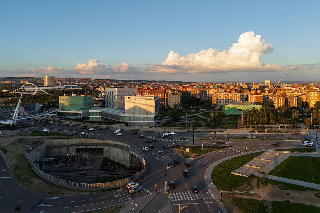 Aerial view of roads and traffic in Zaragoza