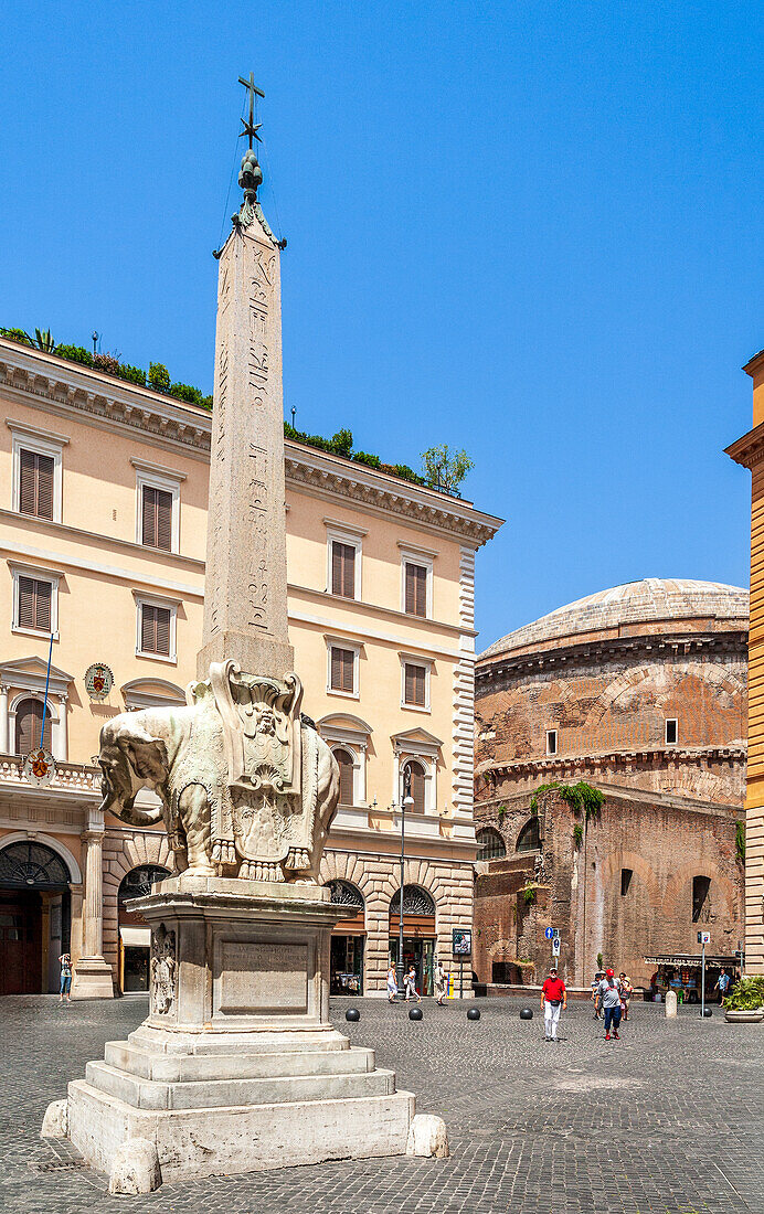 Rome, Italy, July 2017, Minerva Square buzzes with tourists, showcasing the majestic Pantheon as a stunning backdrop in the heart of Rome.