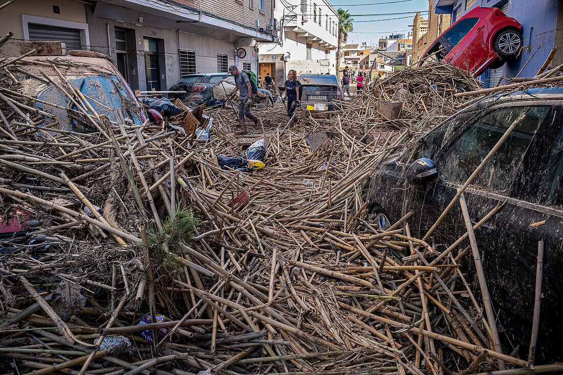 Effects of the DANA floods of October 29, 2024, in Pio XII street, Paiporta, Comunidad de Valencia, Spain