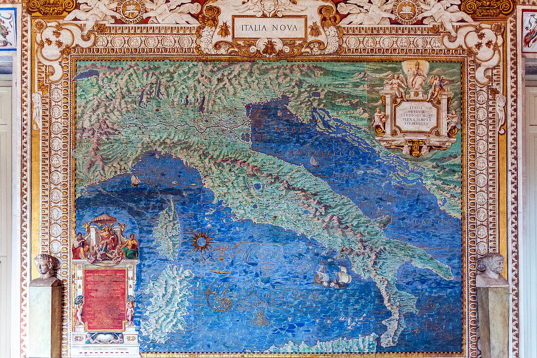 Rome, Italy, July 22 2017, Intricate fresco of Italy in Rome's Gallery of Maps, 16th century.