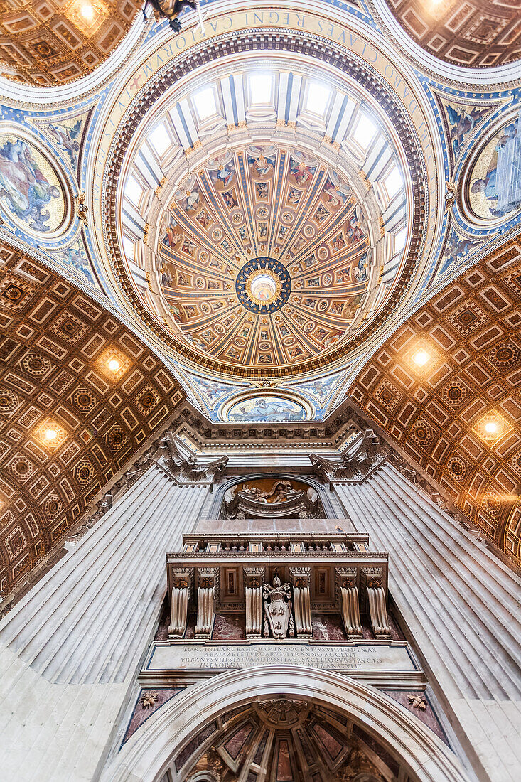 Rome, Italy, July 22 2017, Gaze upward at the stunning design and ornate details of the Dome inside Saint Peter's Basilica in Vatican City, Rome, Italy.