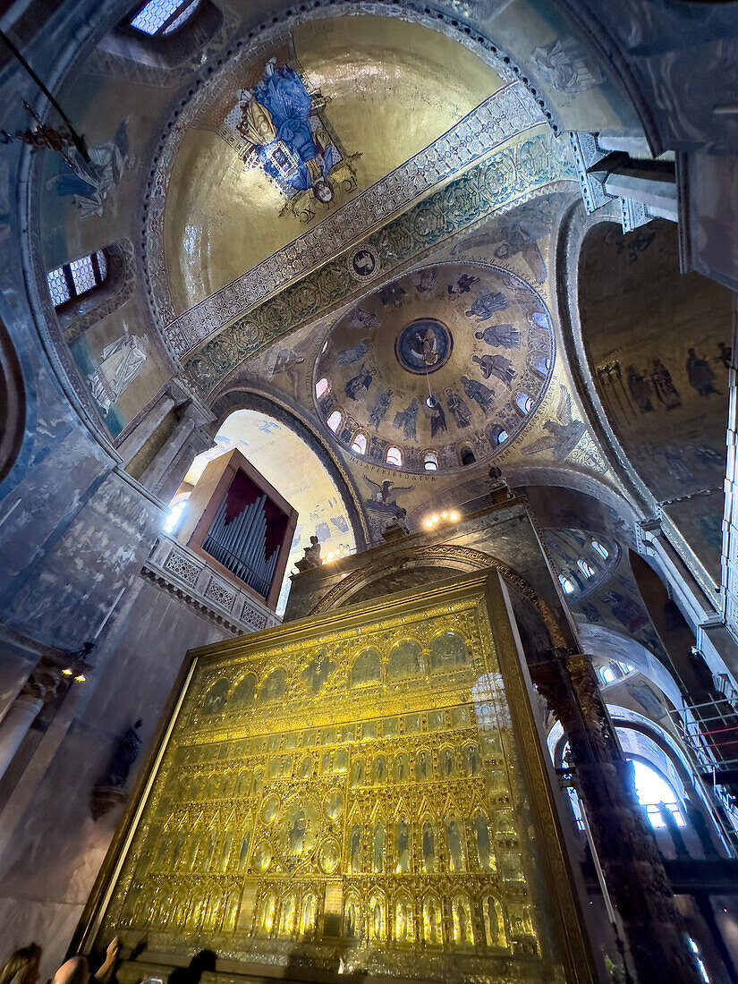 The Pala d'Oro or Golden Panel is an alterpiece in St. Mark's Basilica, Venice, Italy. Made of gold, cloissonne and jewels. Commisioned in 976 A.D. and finally completed in its present form in 1345 A.D.