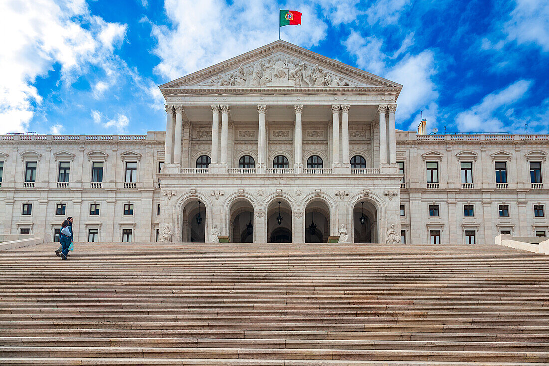 Lisbon, Portugal, March 1 2007, Sao Bento Palace, home of the Portuguese parliament, stands proudly in Lisbon's vibrant urban landscape under a partly cloudy sky.